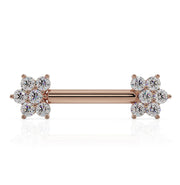 14k rose gold straight nipple barbell with dual CZ flower cluster ends, zoomed-out front view