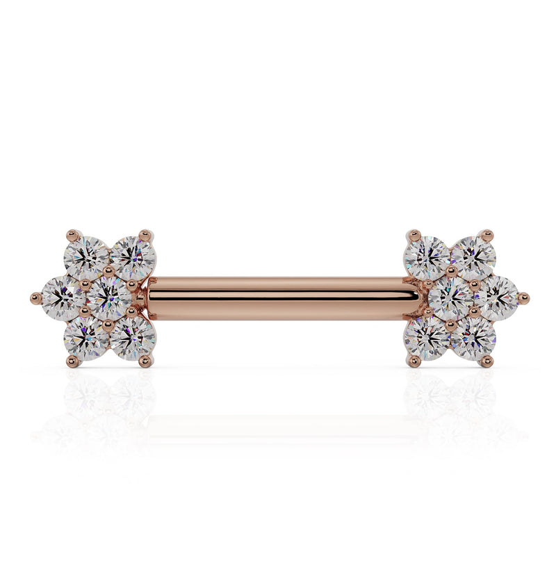 14k rose gold straight nipple barbell with dual CZ flower cluster ends, zoomed-out front view