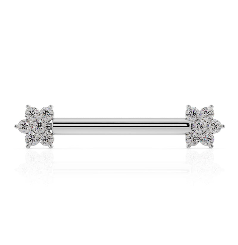 14k white gold CZ flower nipple barbell showing smaller flower ends, alternate front view