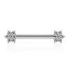 14k white gold diamond flower nipple barbell, front view with dual 6-diamond flower ends