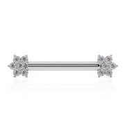 14k white gold diamond flower nipple barbell, front view with dual 6-diamond flower ends
