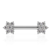 14k white gold diamond flower straight nipple barbell, zoomed-out front view showing full barbell length