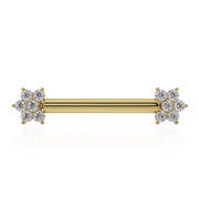 14k yellow gold CZ flower nipple barbell with dual 6-stone cluster ends, front view