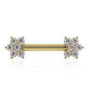 14k yellow gold straight nipple barbell with dual CZ flower ends, zoomed-out front view showing full length