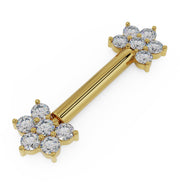 Angled view of 14k yellow gold CZ flower nipple barbell showing prong-set cubic zirconia cluster detail