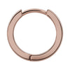 14k rose gold 10mm huggie hoop earring, single front view showing warm blush tone and hinged closure