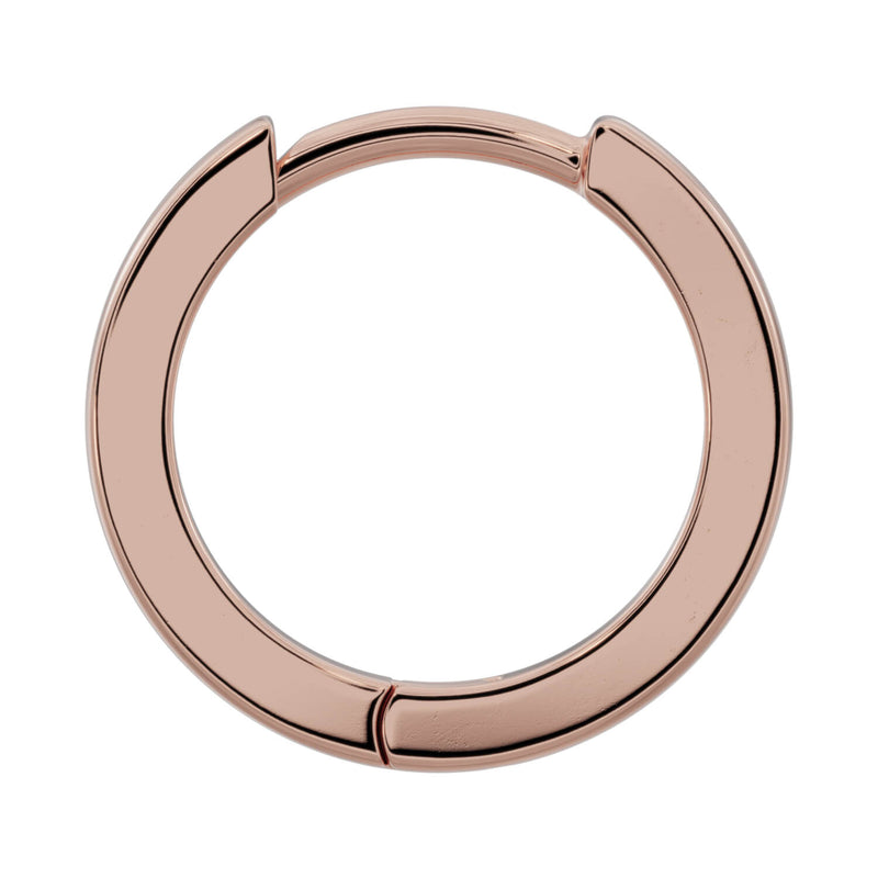14k rose gold 10mm huggie hoop earring, single front view showing warm blush tone and hinged closure