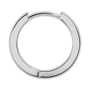 14k white gold 10mm huggie hoop earring, single front view highlighting polished flat band and hinge