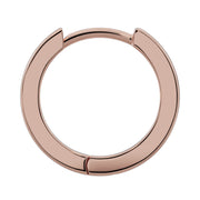 Front view of single 14k rose gold huggie hoop earring showing smooth flat-face and clasp detail