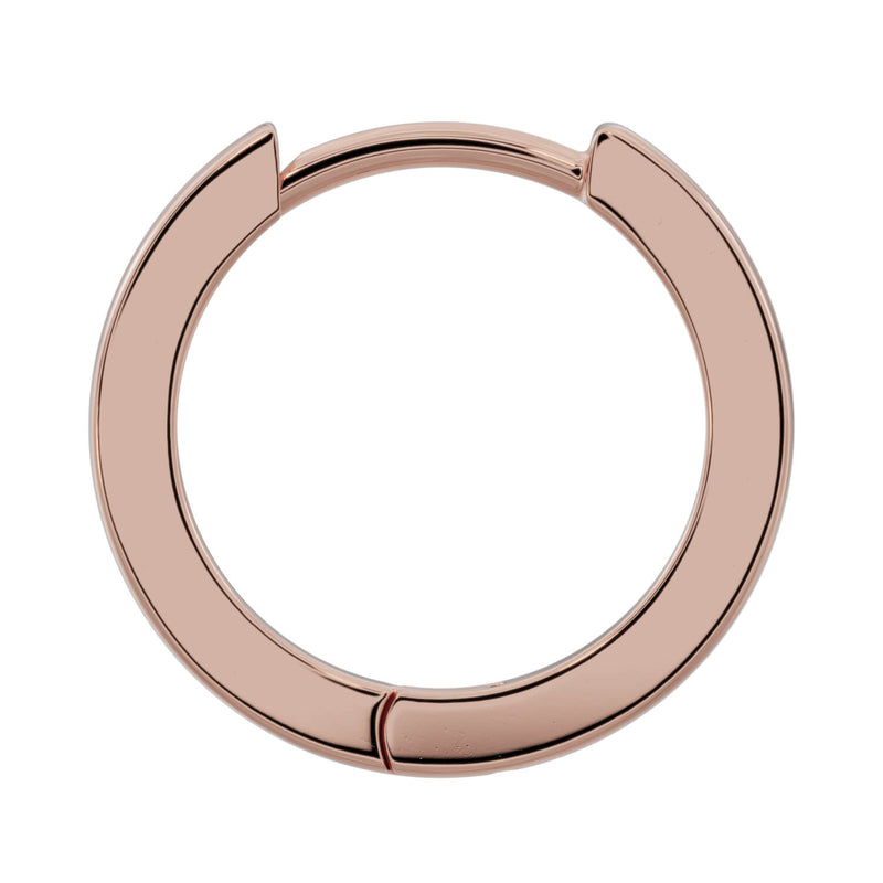 Front view of single 14k rose gold huggie hoop earring showing smooth flat-face and clasp detail