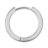 Front view of single 14k white gold huggie hoop earring showing polished flat-face and hinge clasp
