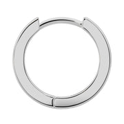 Front view of single 14k white gold huggie hoop earring showing polished flat-face and hinge clasp