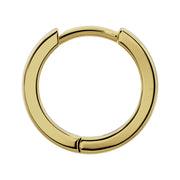 14k yellow gold 8mm huggie hoop earring, single front view showing hinged closure detail