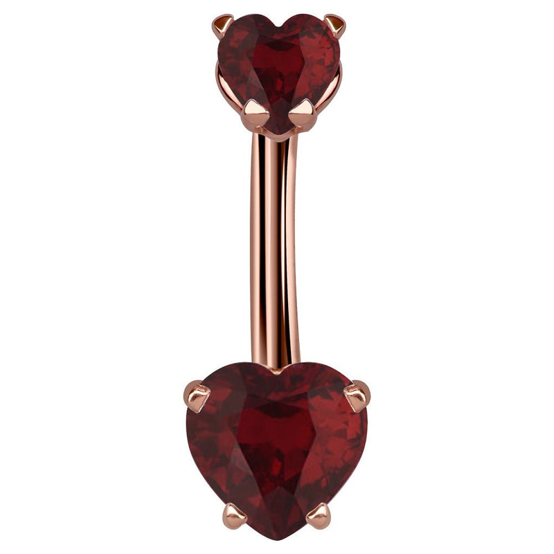 14k rose gold belly ring with dual deep red CZ heart stones in four-prong settings, front view