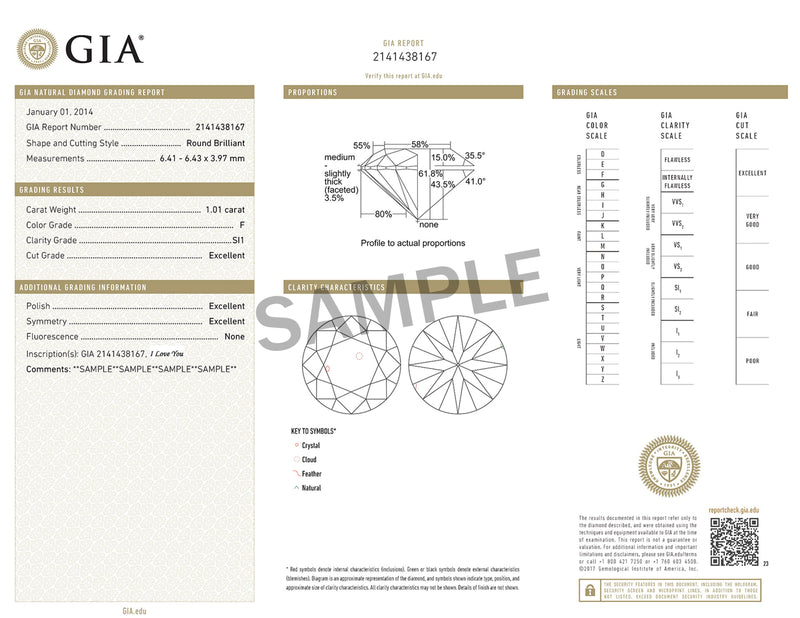 Sample GIA Natural Diamond Grading Report showing round brilliant cut, VS clarity, and color grade