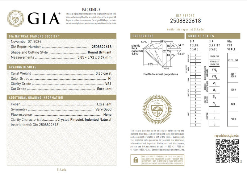 GIA Natural Diamond Dossier report showing 0.80ct round brilliant, H color, VS1 clarity, Excellent cut