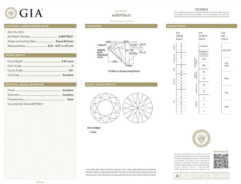 GIA grading report for 2ct round brilliant diamond, H color VS1 clarity, excellent cut