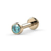 14k yellow gold 2mm aqua diamond bezel flat back labret stud, angled view showing post and disc