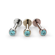 2mm aqua diamond bezel flat back stud in white gold, yellow gold, and rose gold side-by-side comparison