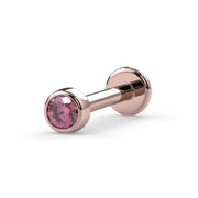 14k rose gold 2mm pink diamond bezel flat back labret stud, angled view showing post and disc