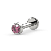 14k white gold 2mm pink diamond bezel flat back labret stud, angled view showing post and disc