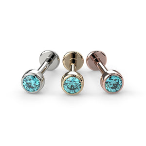 Aqua diamond bezel labret stud in all three metal options: 14K white gold, yellow gold, and rose gold