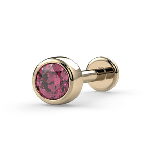 14k yellow gold 3mm pink diamond bezel flat back labret stud, angled view showing post and disk