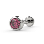 14k white gold 3mm pink diamond bezel flat back labret stud, angled view showing post and flat disk