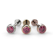 3mm pink diamond bezel labret stud in all three 14k gold options: white gold, yellow gold, and rose gold