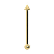 14K yellow gold industrial barbell with spike top and ball end, vertical front view