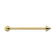 14K yellow gold spike and ball industrial barbell, straight horizontal profile view