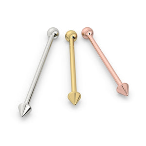 Spike and ball 14K gold industrial barbell in white, yellow, and rose gold color options side by side