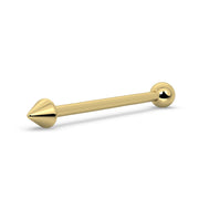 14K yellow gold spike and ball industrial barbell, angled side view showing asymmetric ends