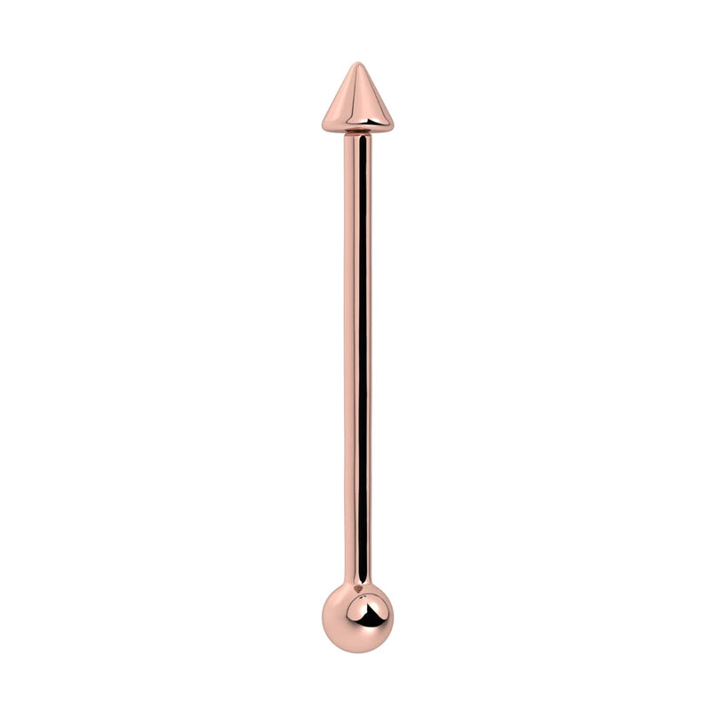 14K rose gold industrial barbell with cone spike top and round ball end, front view