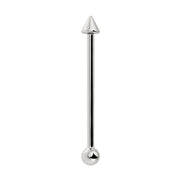14K white gold spike and ball industrial barbell, vertical front view showing polished finish