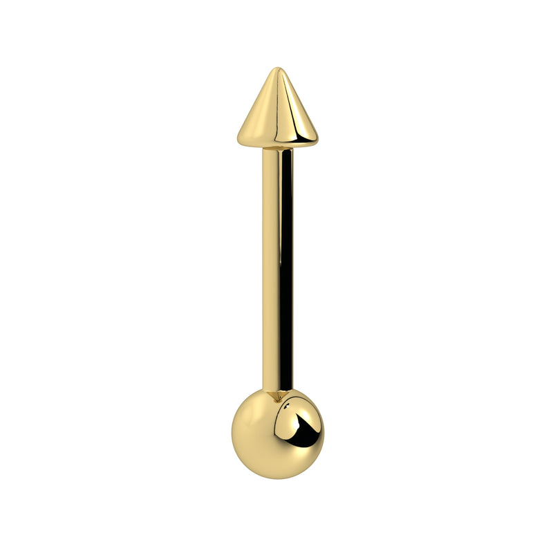 14k yellow gold straight barbell with cone spike top and ball end, vertical front view