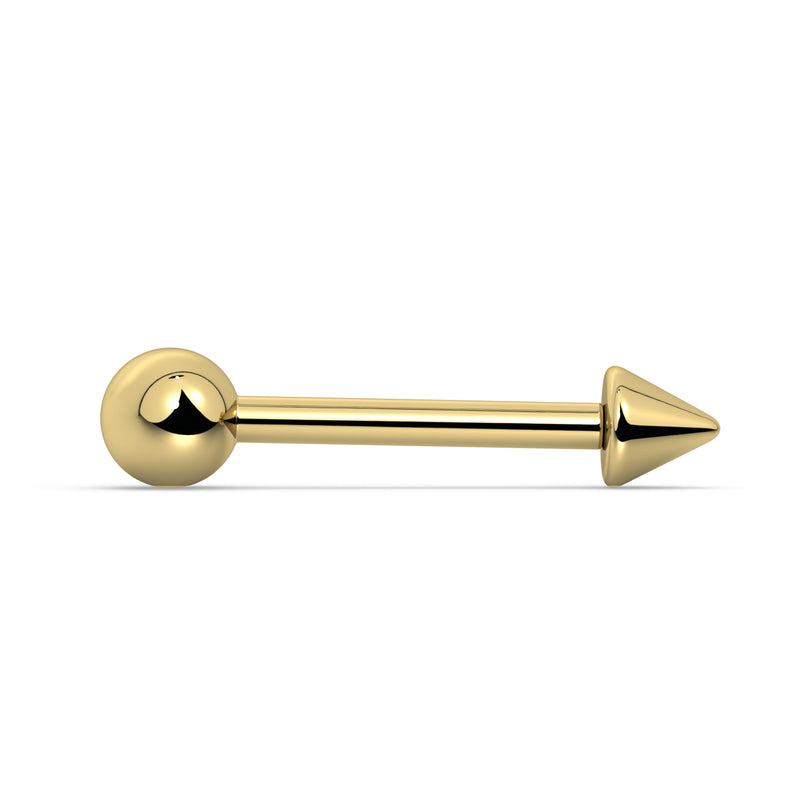 14k yellow gold straight barbell with ball end and spike end, horizontal side profile view