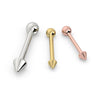 14k gold spike and ball straight barbell in white, yellow, and rose gold shown side by side