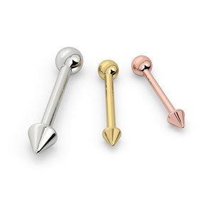 14k gold spike and ball straight barbell in white, yellow, and rose gold shown side by side