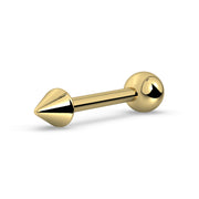 Angled side view of 14k yellow gold spike and ball straight barbell showing both ends