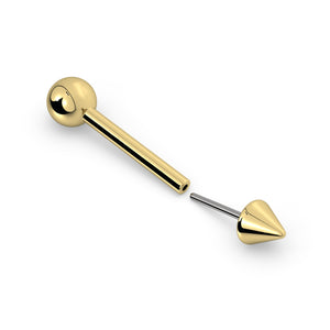 14k yellow gold spike barbell disassembled showing threadless push-pin connection detail