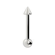 14k white gold straight barbell with cone spike and ball end, vertical front view