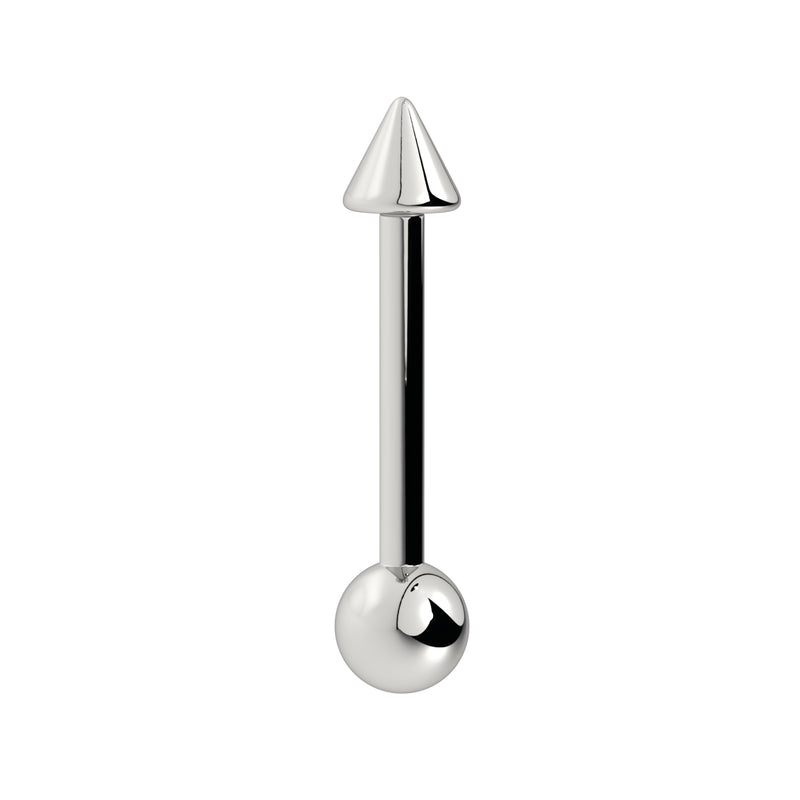 14k white gold straight barbell with cone spike and ball end, vertical front view