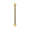 14k yellow gold spike industrial barbell with dual cone ends, vertical front view showing full length