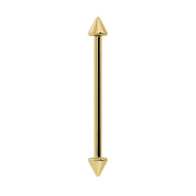 14k yellow gold spike industrial barbell with dual cone ends, vertical front view showing full length