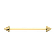 14k yellow gold spike industrial barbell with dual cone ends, horizontal front view
