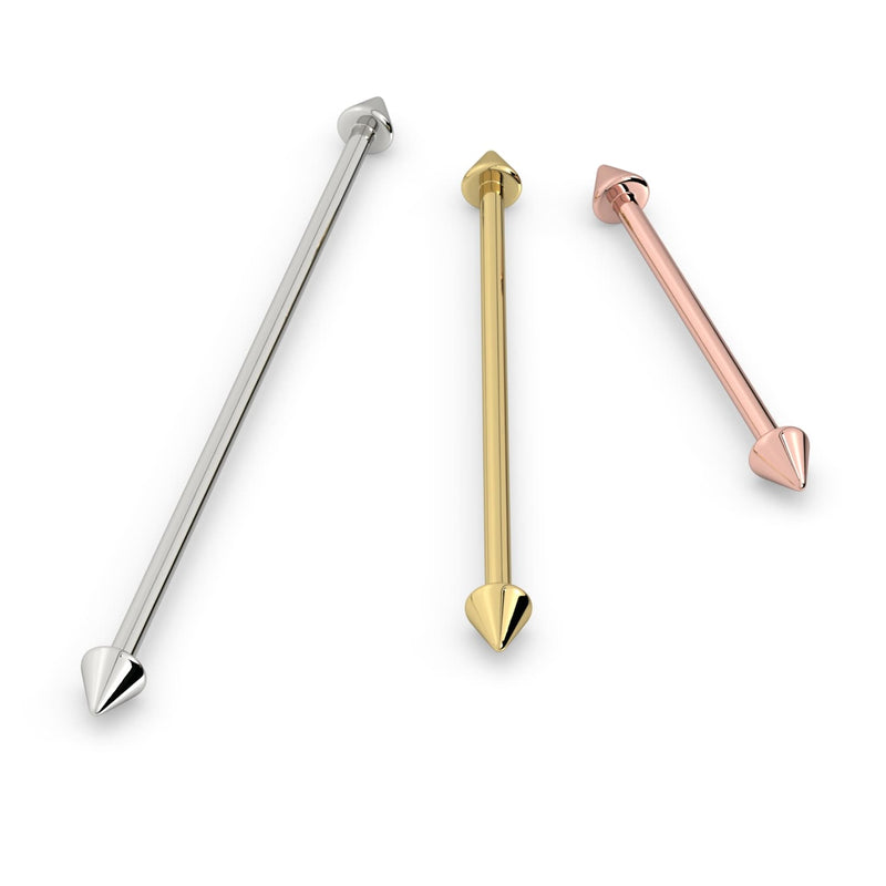 Spike industrial barbell in all three 14k gold colors: white, yellow, and rose gold side by side
