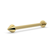 Angled view of 14k yellow gold spike industrial barbell showing cone tip and threaded end detail