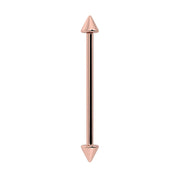 14k rose gold spike industrial barbell with dual cone ends, vertical front view