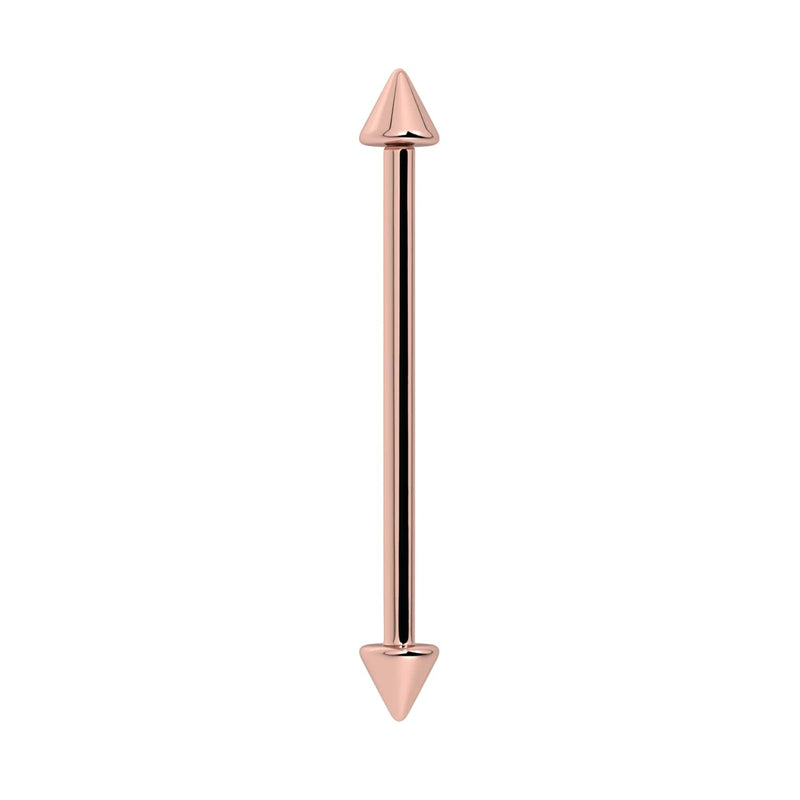 14k rose gold spike industrial barbell with dual cone ends, vertical front view